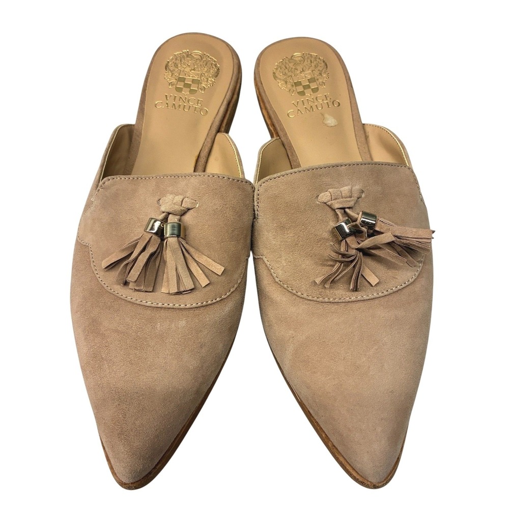 Vince Camuto Tanyce Mules Shoes Womens 8.5 Beige Suede Tassel Slip On Flats